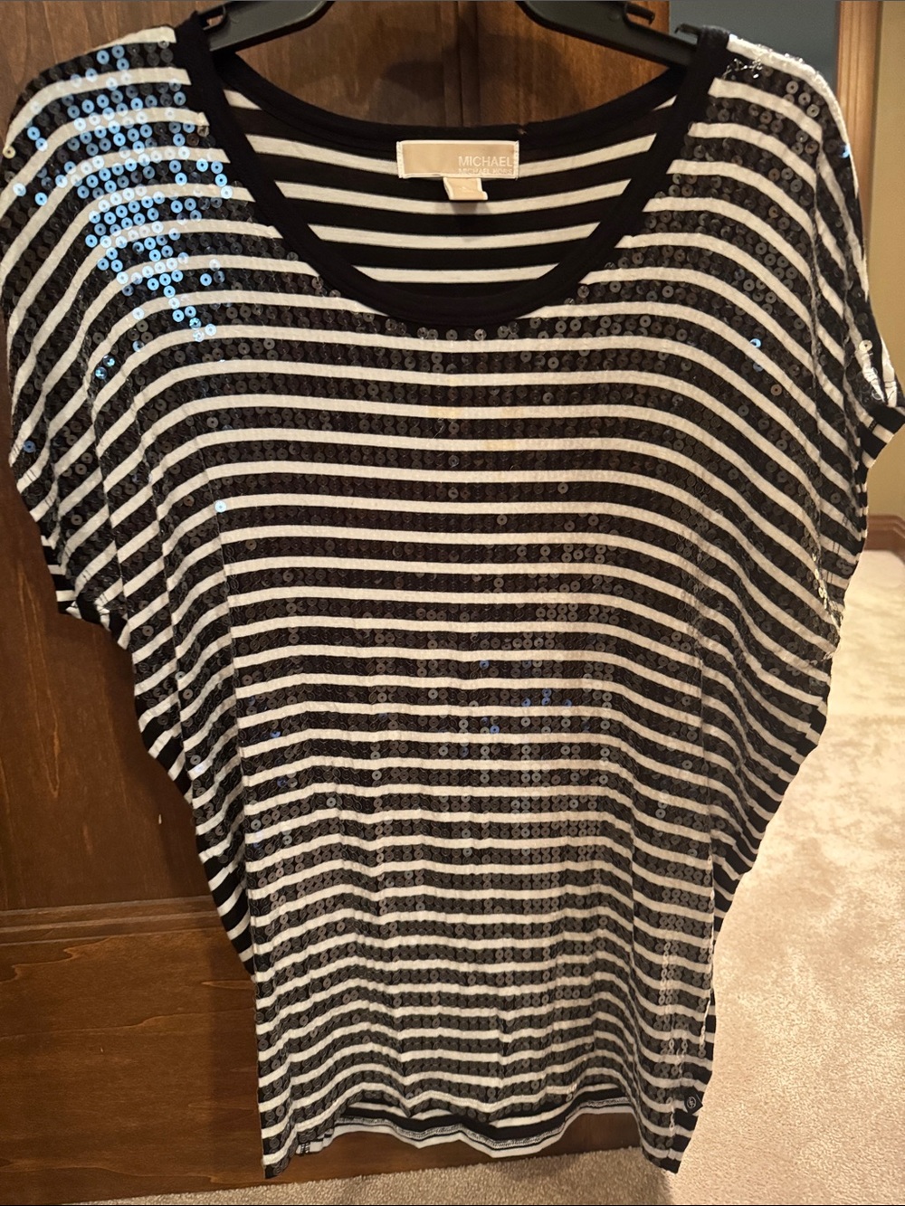 Michael Kors Black & White Sequin Striped Top